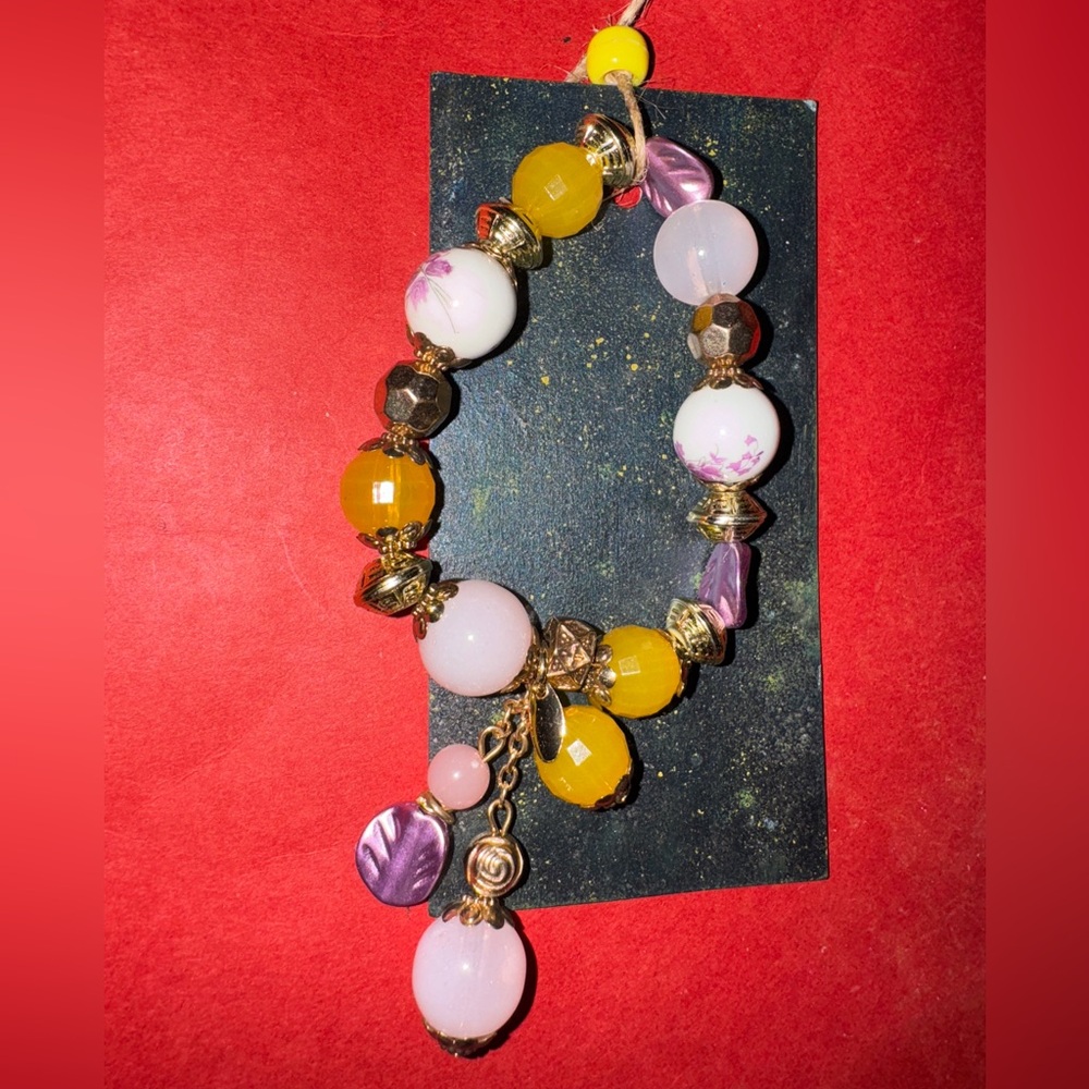 Beaded Bracelet God Tone Floral Purple Earth Goddess Feminine Jewelry Chunky